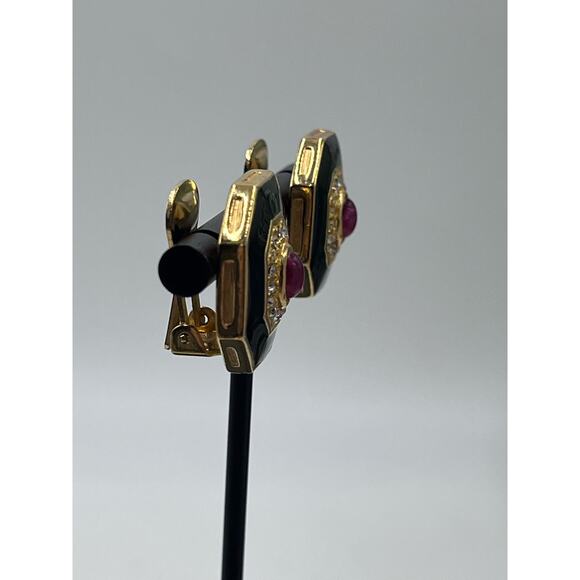 Christian Dior Signed Vintage 1980s Ruby Gripoix Black Enamel Clip On Earrings - Picture 4 of 13